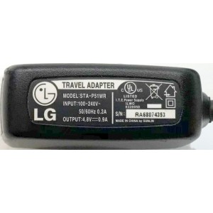 CARGADOR / ADAPTADOR DE FUENTE DE ALIMENTACION  LG  VCA-VCD / NUMERO DE PARTE STA-P51WR / ENTRADA VCA 100-120V~ 50/60HZ 0.2A / SALIDA VCD 4.8V 0.9A / E220050 / MODELO STA-P51WR